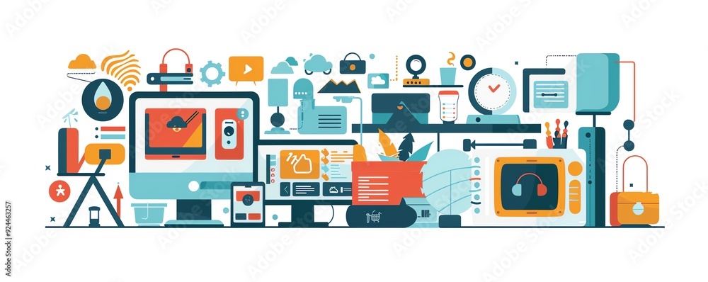 Poster techdriven daily routine, integrating devices, flat design illustration