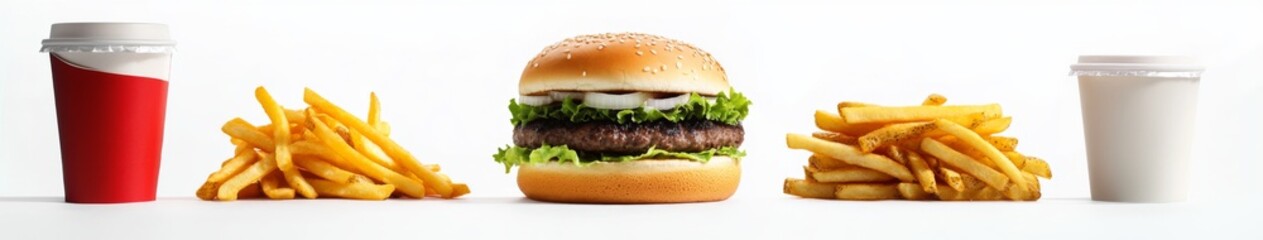 Fast Food Delights: A Tasty Arrangement of Hamburger, Fries, and Coffee on a White Background, Capturing the Essence of Quick Mealtime, Food, suitable for food blogs and food websites