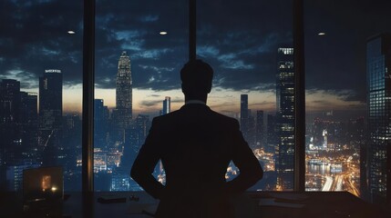 A businessman in a dark office, looking out at the city skyline, reflecting on his companys downfall