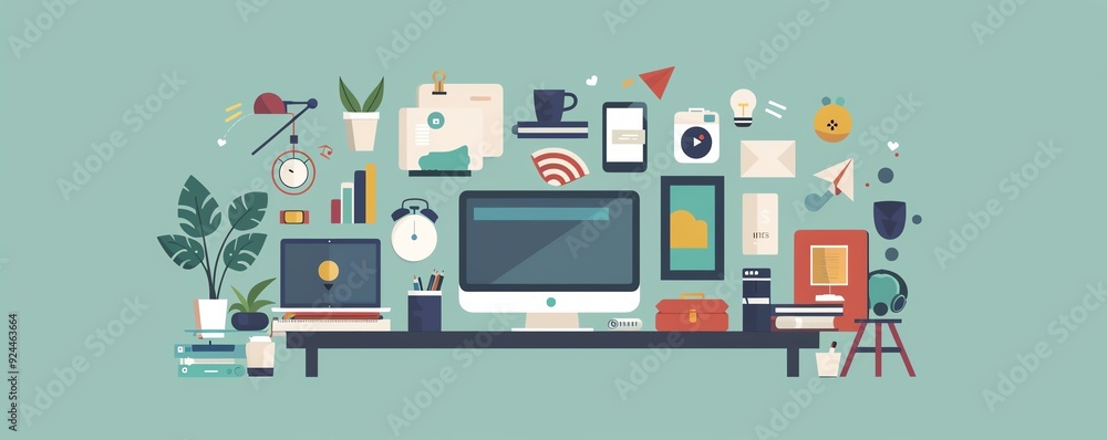 Poster techdriven daily routine, integrating devices, flat design illustration