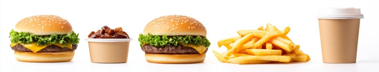 Fast Food Delights: A Tasty Arrangement of Hamburger, Fries, and Coffee on a White Background, Capturing the Essence of Quick Mealtime, Food, suitable for food blogs and food websites