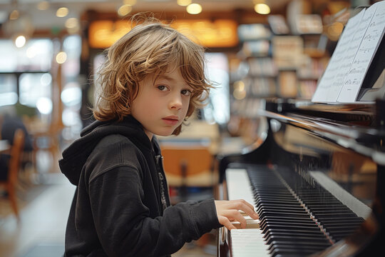 Charming child boy practices at a grand piano in a well-lit music hall, fully engaged in the art of music, surrounded by a warm, inviting atmosphere
