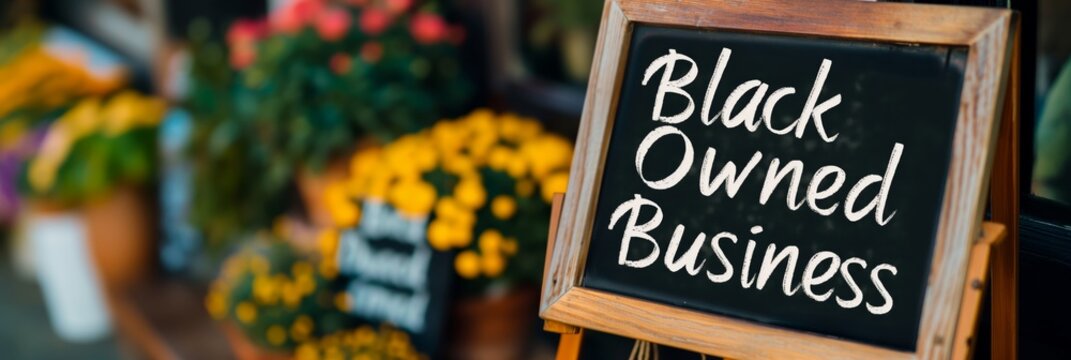 The photo features a chalkboard sign with 'Black Owned Business' written on it, placed in front of vibrant flowers, signaling support and representation.