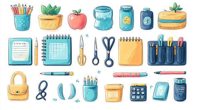 Back to School themed icons like a notebook, apple, and scissors, arranged alphabetically in a flat vector style, high resolution, ideal for t-shirts and gift wrapping.