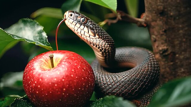 A close-up of a serpent coiled tightly around a vibrant red apple, sliding down the tree. This image symbolizes the biblical narrative of Eden, temptation, and the fall of man, dark tones