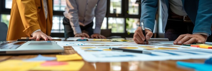 Group of team members collaboratively planning and writing on a table full of various charts and papers in a brightly lit modern office.