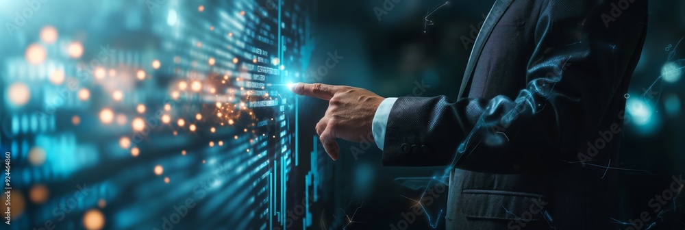 Poster an executive interacts with a high-tech data interface screen, underlining the significance of techn