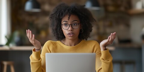 A woman on a laptop screen with a puzzled expression dealing with work colleagues or computer issues