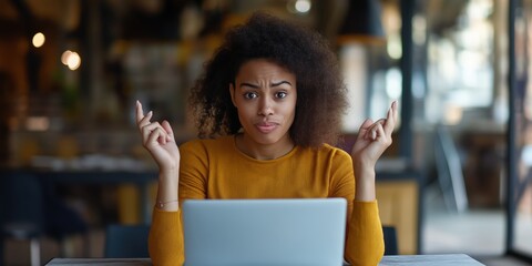  A woman on a laptop screen with a puzzled expression dealing with work colleagues or computer issues