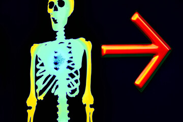 Halloween azure green funny skeleton with a red arrow direction on a black