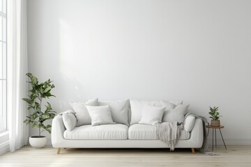 Inviting Living Room Ambiance: A Design Showcase with White Sofa and Blank Canvas Wall, Bathed in Warm Sunlight