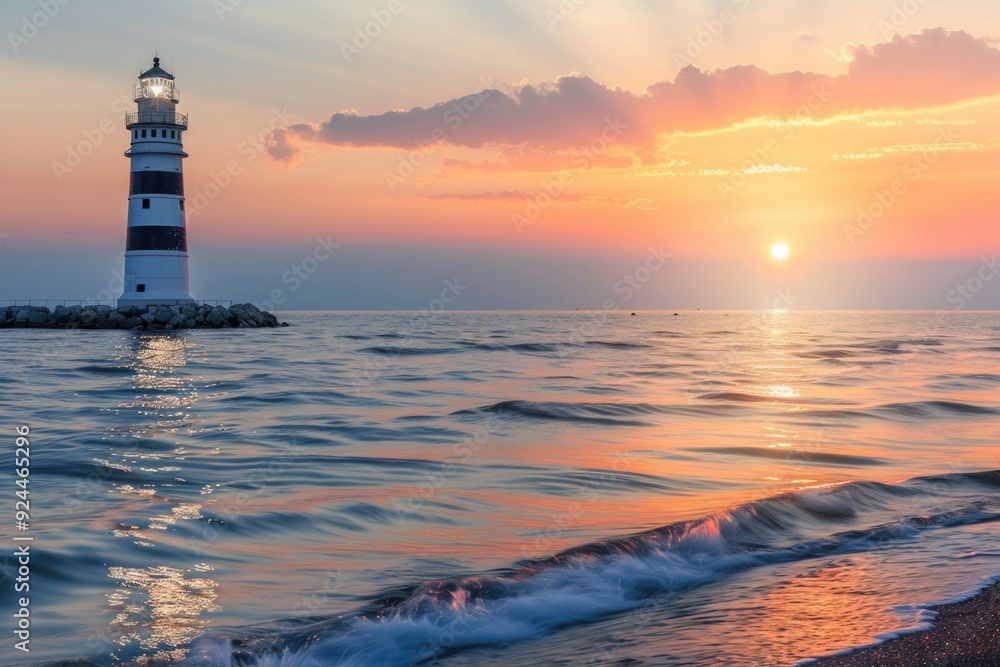 Poster coastal scenery with a lighthouse standing tall against the vibrant colors of a setting sun