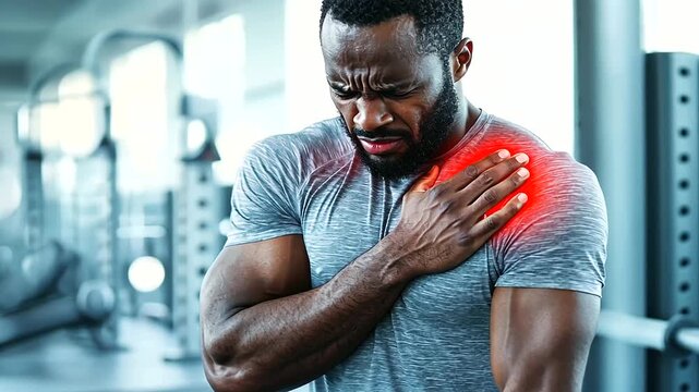 A fitness athlete holding his shoulder in pain, with a red area indicating injury from an exercise mishap. This image captures the discomfort of a workout injury and the importance of addressing sore 