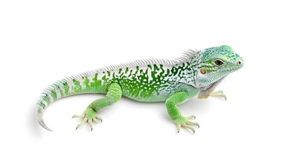 Fototapeta premium Vibrant Green Iguana Resting on a White Background