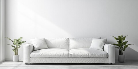 Inviting Living Room Ambiance: A Design Showcase with White Sofa and Blank Canvas Wall, Bathed in Warm Sunlight