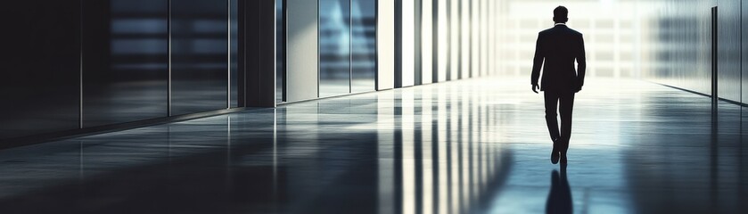 Fototapeta premium A businessman walking through a deserted office building, his footsteps echoing in the empty hallways