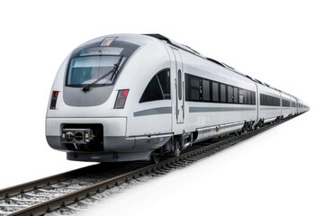Naklejka premium A silver train travels down train tracks on a white background, ideal for uses such as travel, transportation, and infrastructure illustrations