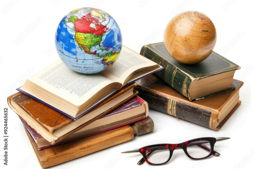 Poster a globe sits atop a stack of books, conveying knowledge and exploration
