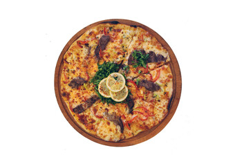 Thin crust pizza with roast beef