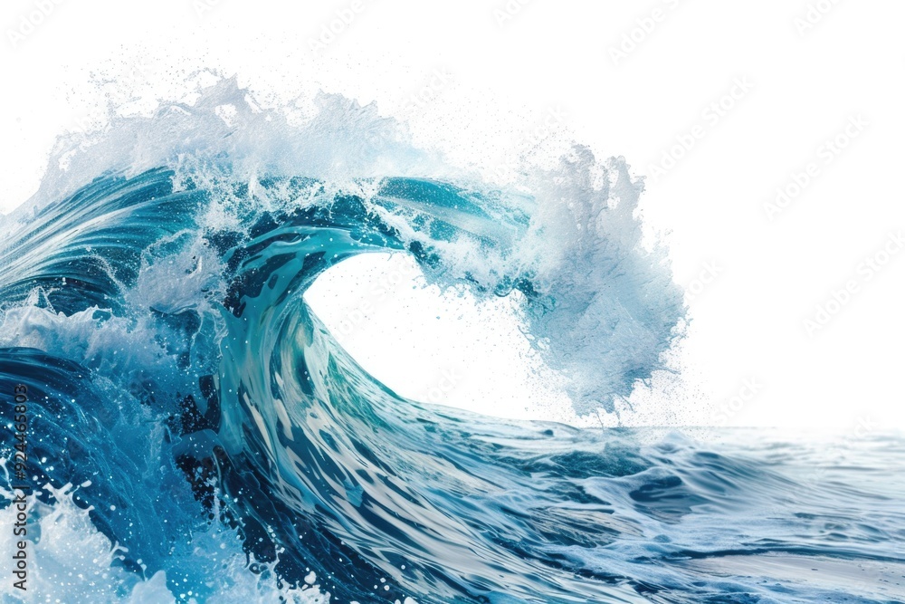 Poster A large wave crashing in the middle of the ocean, suitable for use in water-themed designs or as a symbol of power and energy