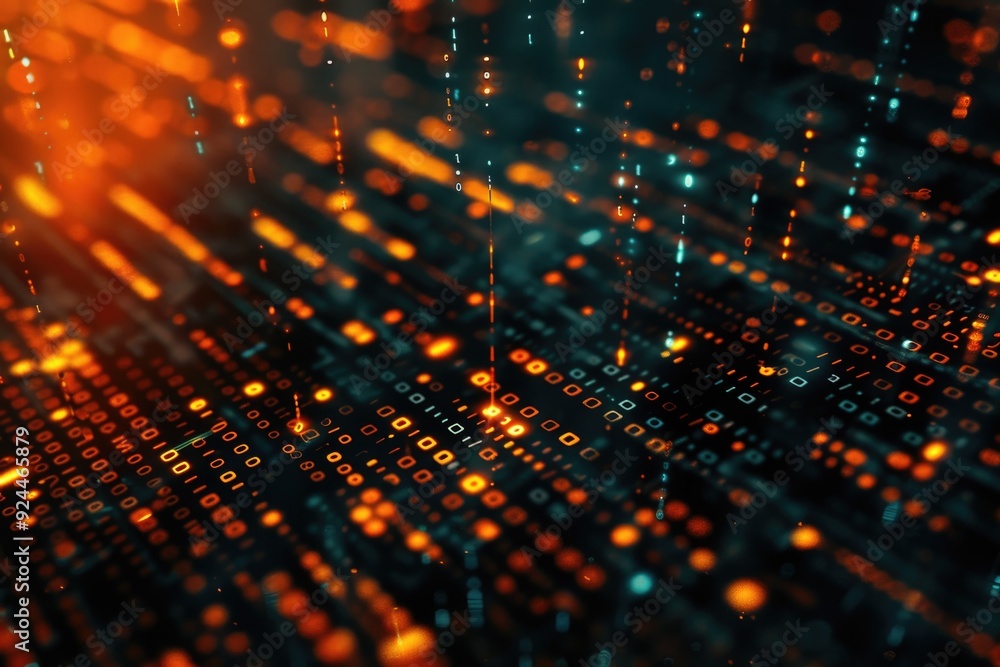 Poster A close-up view of a computer screen showing glowing dots, perfect for illustrating digital technology and innovation