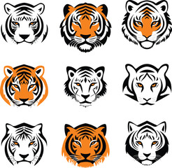 Collection of Tiger Head Designs. Logos, Icons, and Symbols in Various Styles, Including Cartoon, on a White Background - Jungle Animal Vector Illustrations