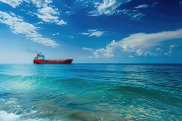 Naklejka premium A big red boat sailing on calm ocean waters, great for travel or adventure scenes