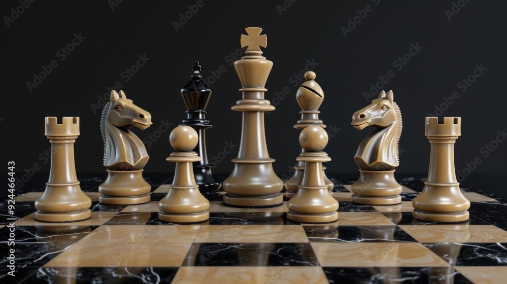 Poster a chess board with various chess pieces placed on it