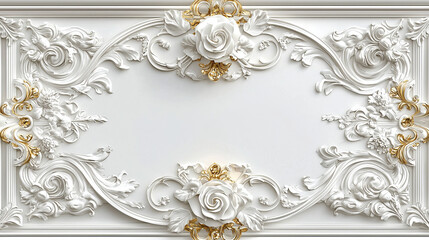 3d wallpaper for ceiling with white golden decoration model. Victorian style and decorative frame background 