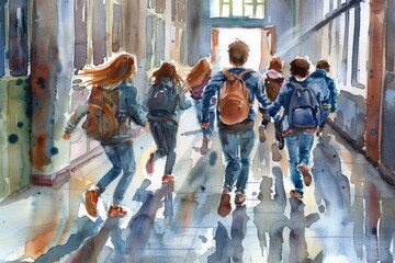 Group of people walking down a hallway