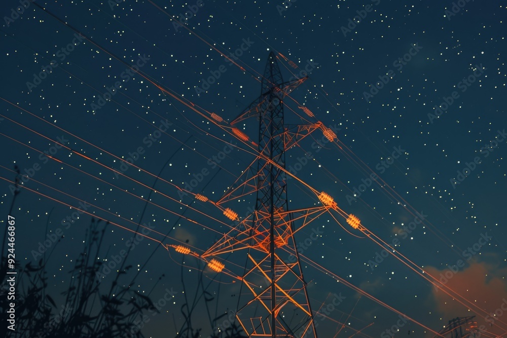 Poster a power line at night with a starry sky in the background, great for use in illustrations and design