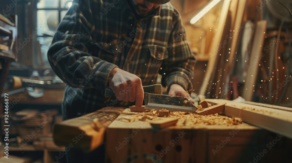 Poster a person working on wood in a workshop