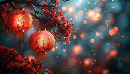 Fototapeta premium Chinese red lantern in the night of Chinese New Year of happiness with Dragon dance. Generative Ai.