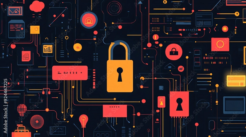 Poster abstract digital security design featuring padlocks and circuit patterns, symbolizing data protectio