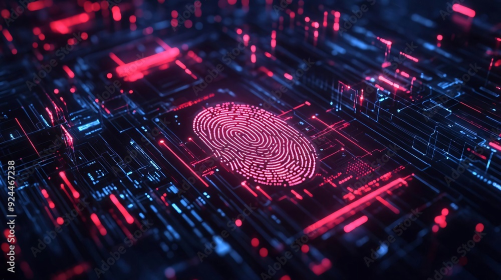 Poster an abstract representation of a fingerprint surrounded by digital circuitry, symbolizing technology 