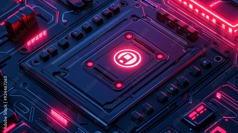 Aufkleber close-up of a high-tech circuit board with vibrant red lights, showcasing intricate electronic compo
