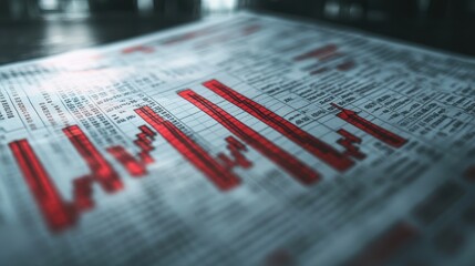 A financial report with red numbers and downward arrows, symbolizing bankruptcy