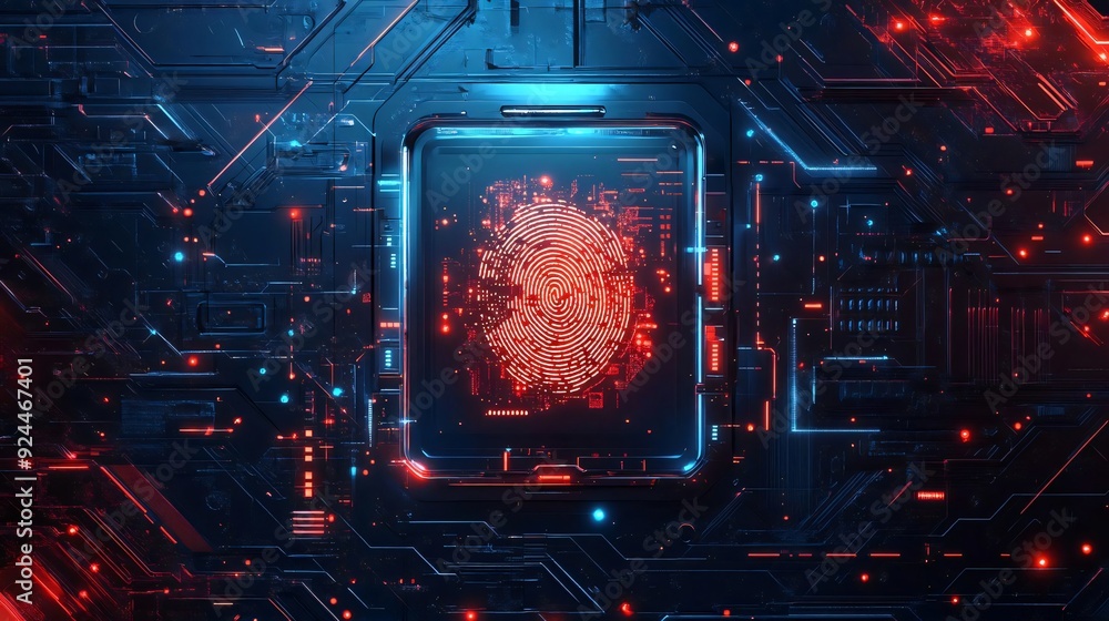 Poster futuristic digital fingerprint on a circuit board background with vibrant colors, representing techn