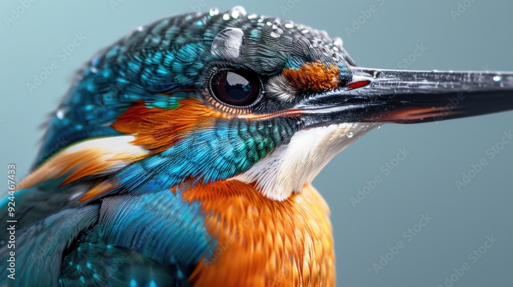 Poster a close-up shot of a colorful bird on a blue background, perfect for use in designs related to natur