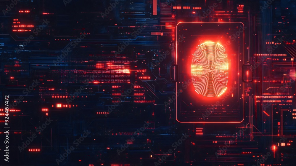 Poster futuristic digital interface with red glowing elements and abstract patterns, representing technolog