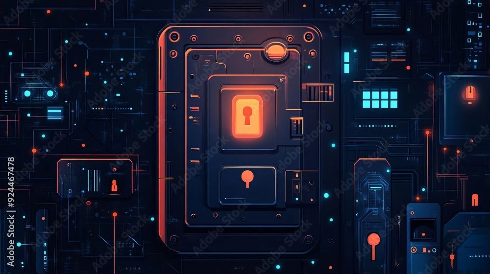 Poster futuristic digital lock concept featuring a glowing keyhole surrounded by intricate circuit patterns