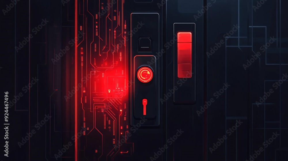 Poster futuristic digital lock with glowing red lights and intricate circuit patterns, symbolizing advanced