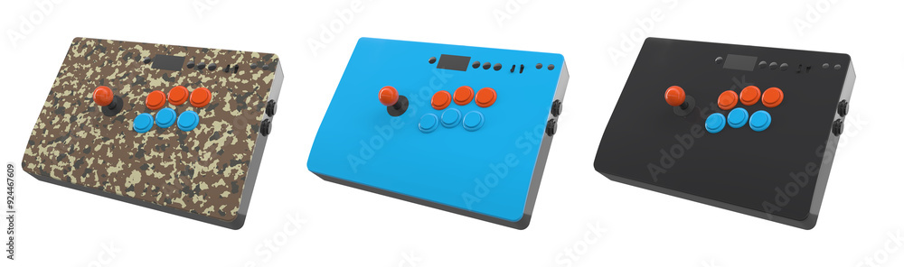 Poster a set of three colorful arcade joysticks, catering to retro gaming enthusiasts isolated on white bac