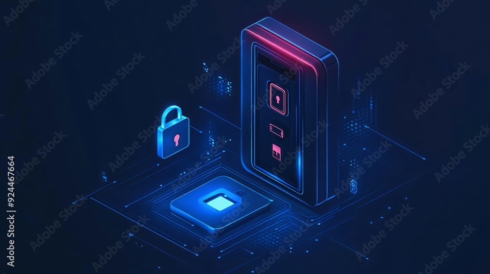 Poster futuristic security system featuring a digital lock and interface for biometric authentication in a 