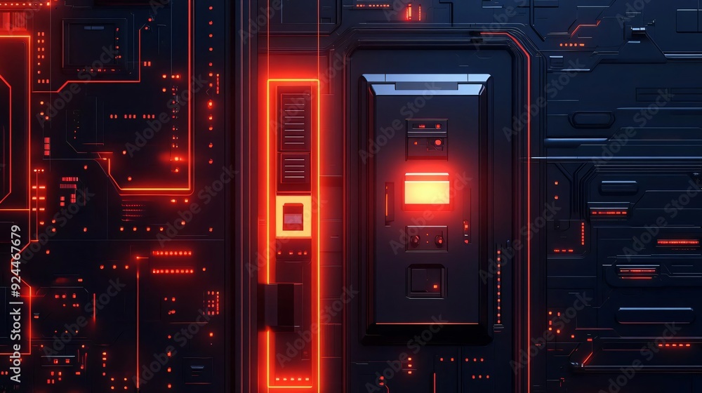 Poster futuristic technology background featuring illuminated circuits and glowing elements in a dark, cybe