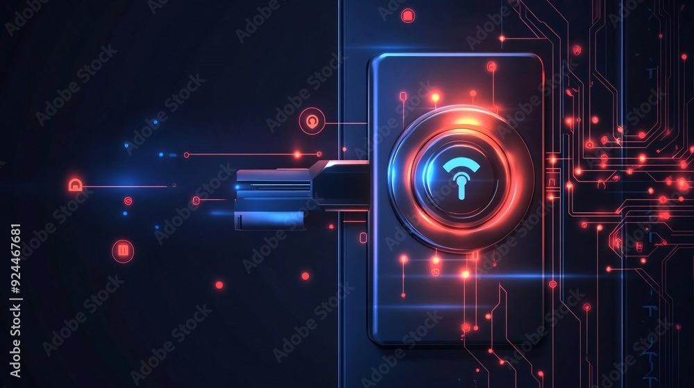 Poster futuristic smart lock with glowing circuit design, representing advanced technology in home security
