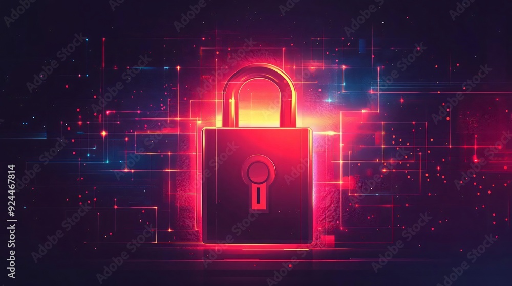 Poster a digital lock glowing in vibrant colors, representing security and data protection in a high-tech e