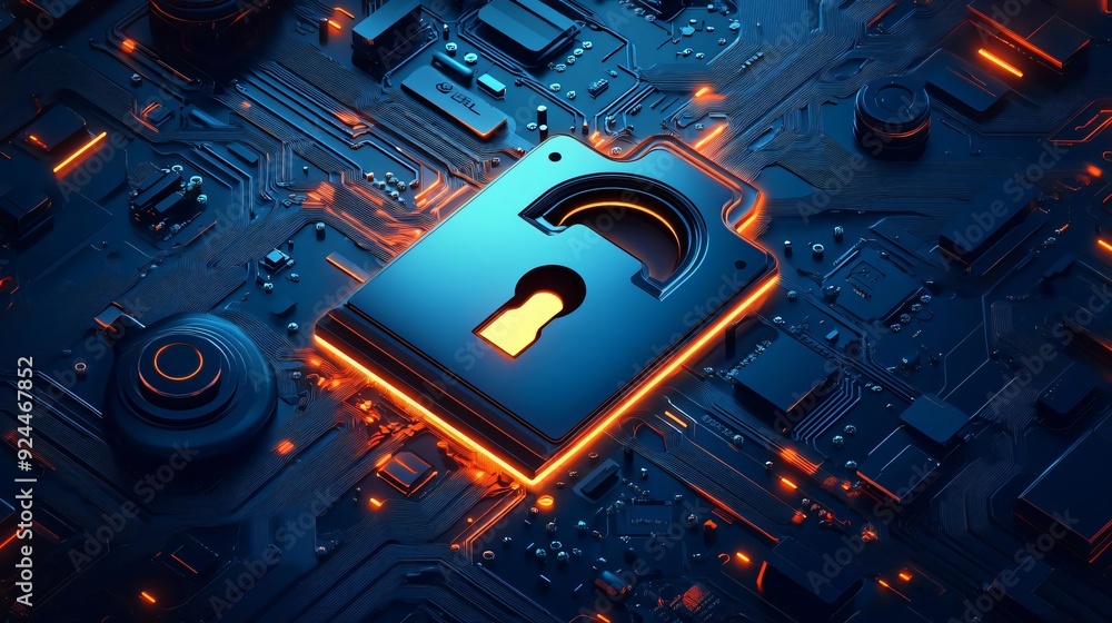 Poster a digital lock on a circuit board, symbolizing cybersecurity and data protection in a modern technol