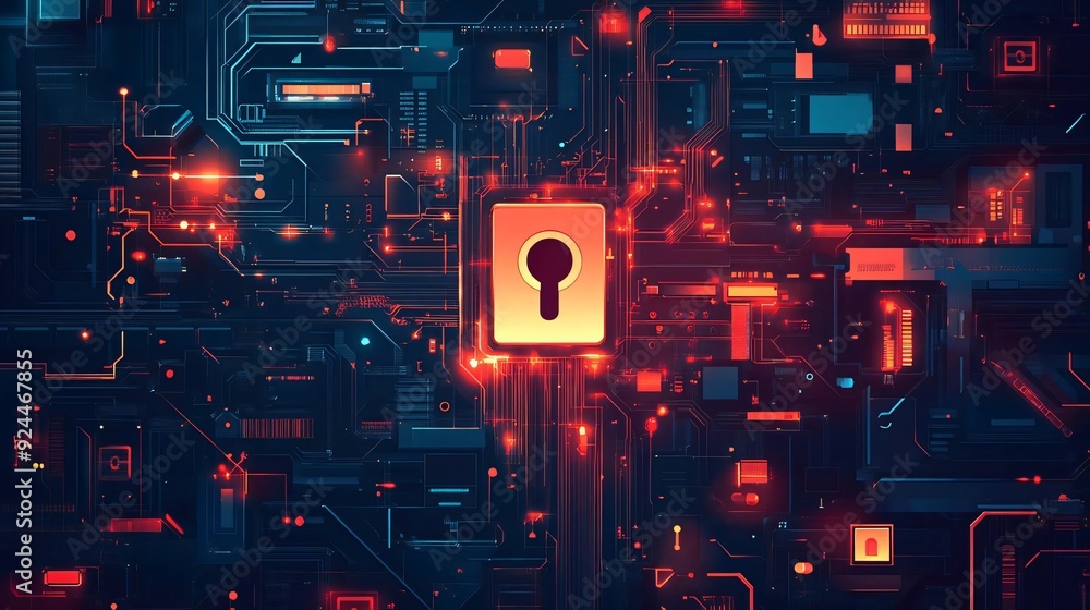 Poster a digital lock symbol on a vibrant circuit background, representing security and technology in a mod