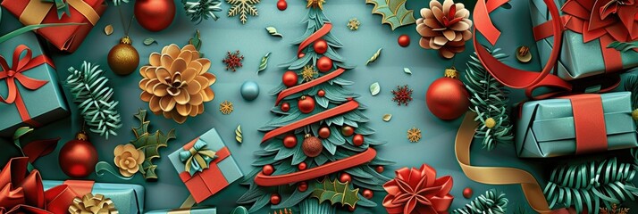 A 3D paper cut depiction of a Christmas tree surrounded by beautifully wrapped gifts, with each layer showing intricate details like ornaments, tinsel, and ribbons